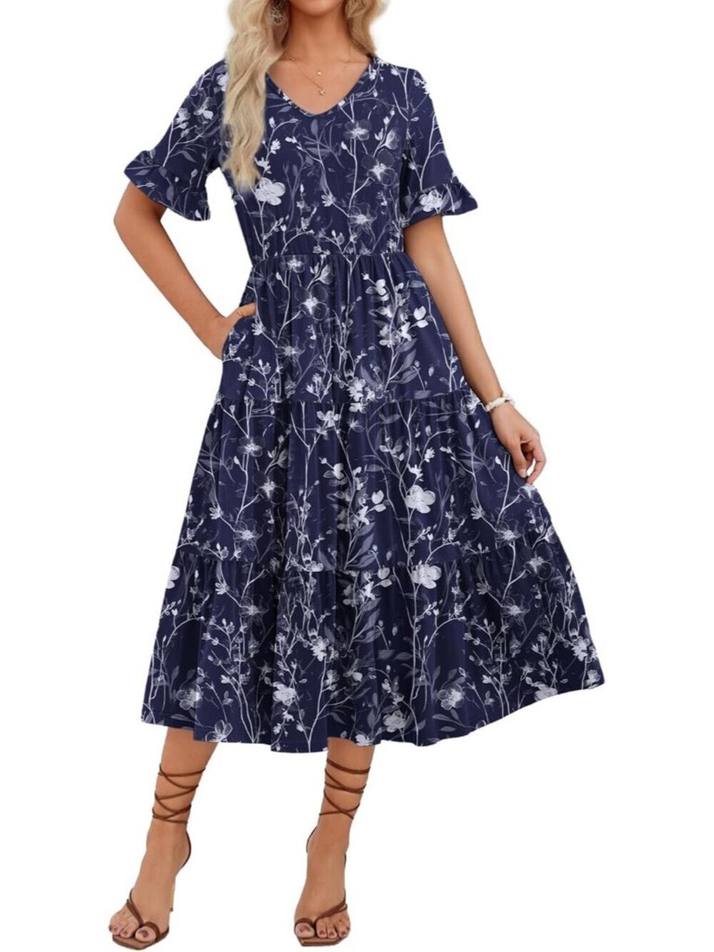 Zeagoo Women's White Floral Navy Tiered Casual Neck Ruffle Short Midi Maxi Dress